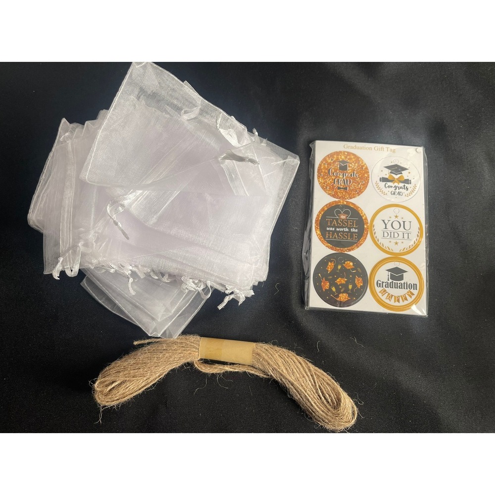 60 Pc Graduation Party Favor Kit‎ Organza Bags Jute Twine & Congrats Grad Tags